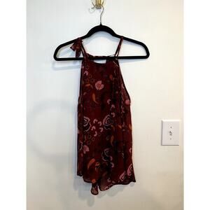 BB Dakota Floral High Neck Tank Top XS Burgundy Boho Sleeveless Flowy Blouse